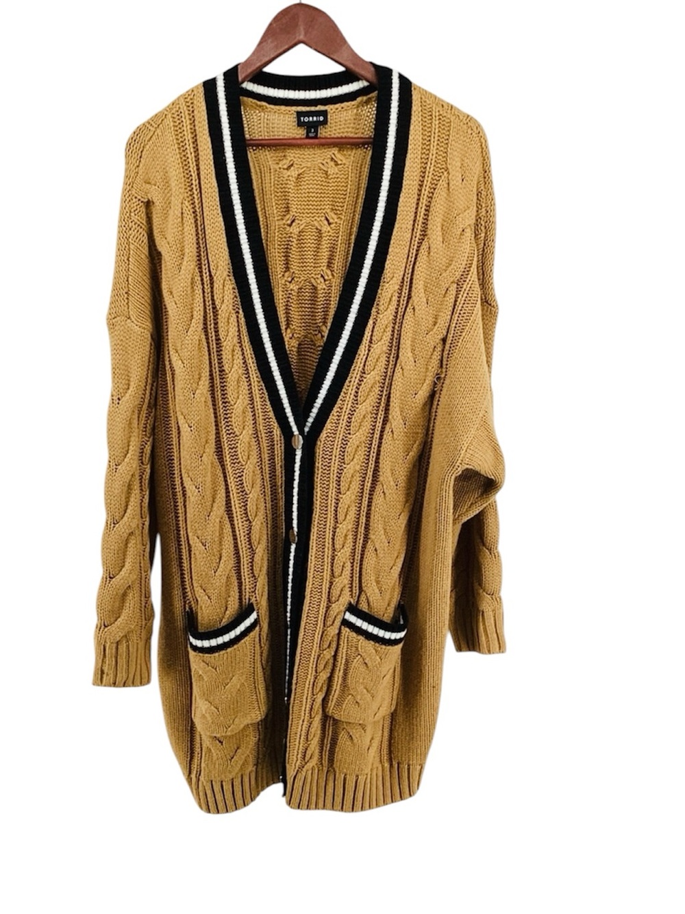 🦋 Torrid Camel Cable Knit Cardigan with Black & White Contrast Trim, Size 3XL